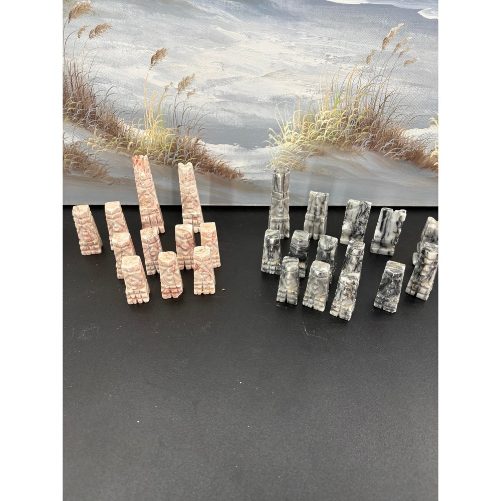 Vintage Hand Carved Aztec Mayan Stone Chess Pieces Set 32pc Pink Grey Marble